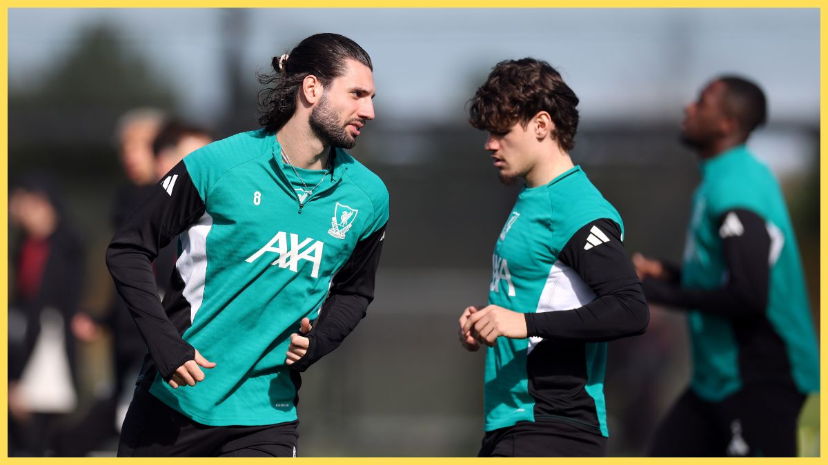 Dominik Szoboszlai of Liverpool looks on during a training session at AXA Training Centre