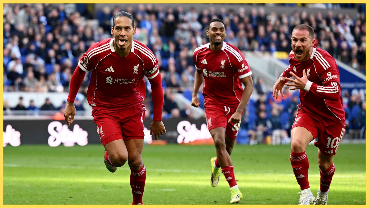 Virgil van Dijk of Liverpool celebrates scoring his team's second goal during the Premier League match between Everton and Liverpool at Hill Dickinson Stadium