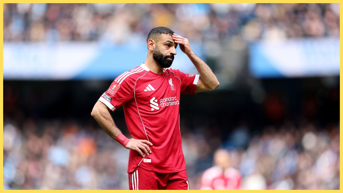 Mohamed Salah of Liverpool reacts during the Emirates FA Cup Quarter Final match between Manchester City and Liverpool at Etihad Stadium