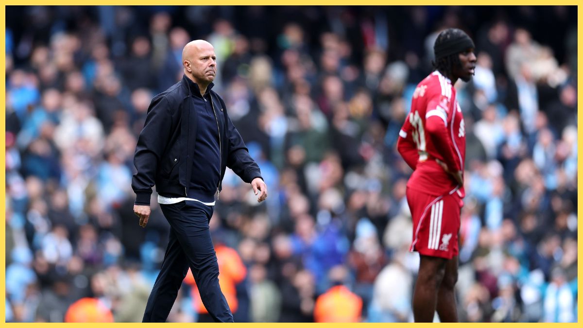 Arne Slot, Manager of Liverpool, reacts at full time following defat during the Emirates FA Cup Quarter Final match between Manchester City and Liverpool at Etihad Stadium