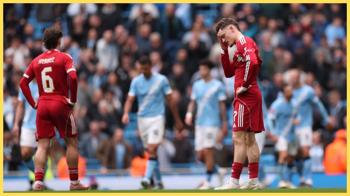 Florian Wirtz of Liverpool looks dejected after Erling Haaland of Manchester City (not pictured) scored the team's second goal during the Emirates FA Cup Quarter Final match between Manchester City and Liverpool at Etihad Stadium
