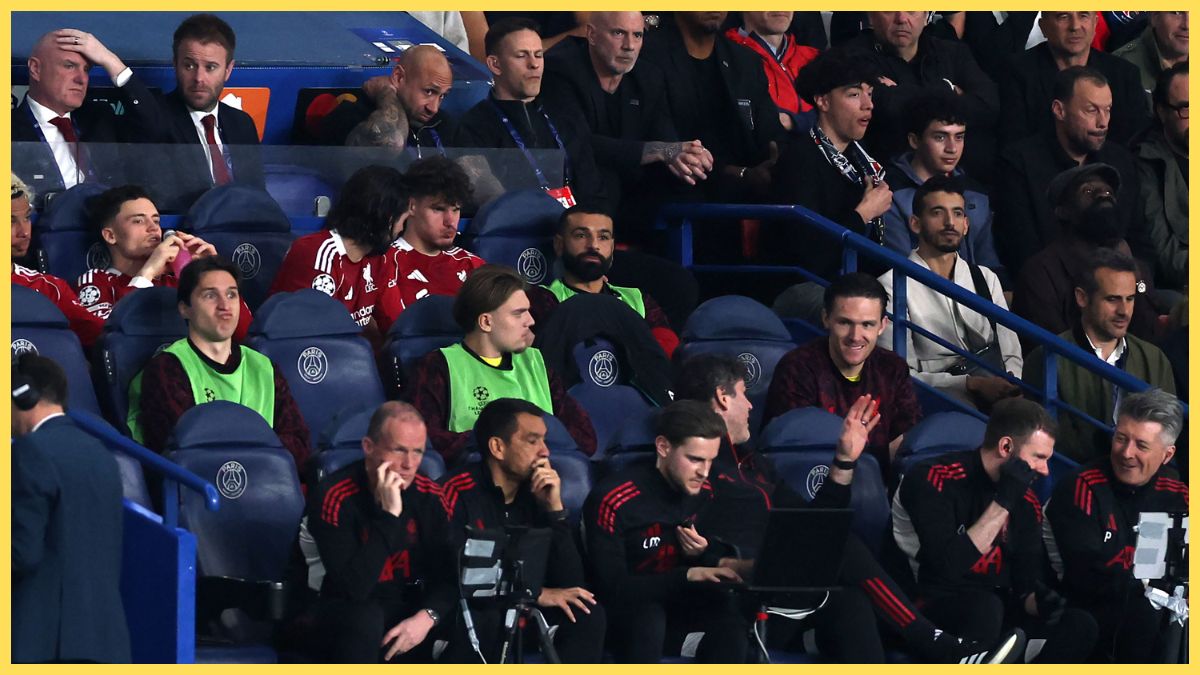 Mohamed Salah of Liverpool sits on the bench during the UEFA Champions League 2025/26 Quarter-Final First Leg match between Paris Saint-Germain FC and Liverpool FC at Parc des Princes