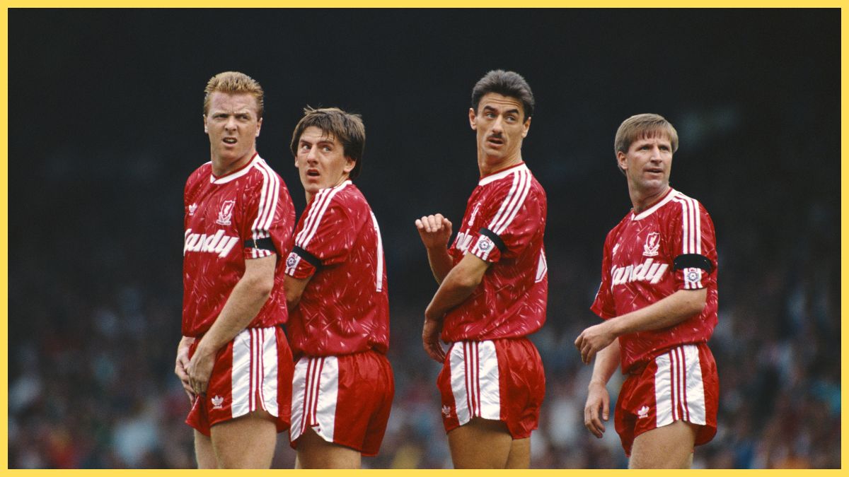Liverpool defensive wall reacts from left to right Steve Nicol; Peter Beardsley; Ian Rush; Ronnie Whelan during the First Division match between Liverpool and Manchester United at Anfield
