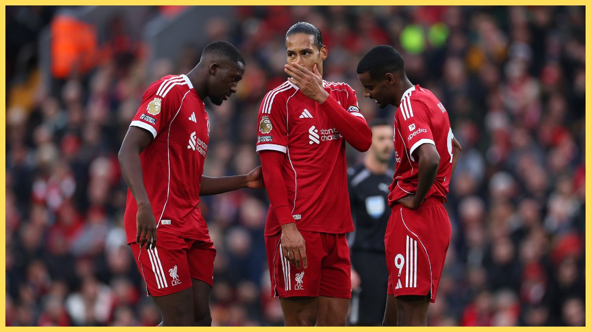 Ibrahima Konate, Virgil van Dijk and Alexander Isak of Liverpool interact during the Premier League match between Liverpool and Nottingham Forest at Anfield
