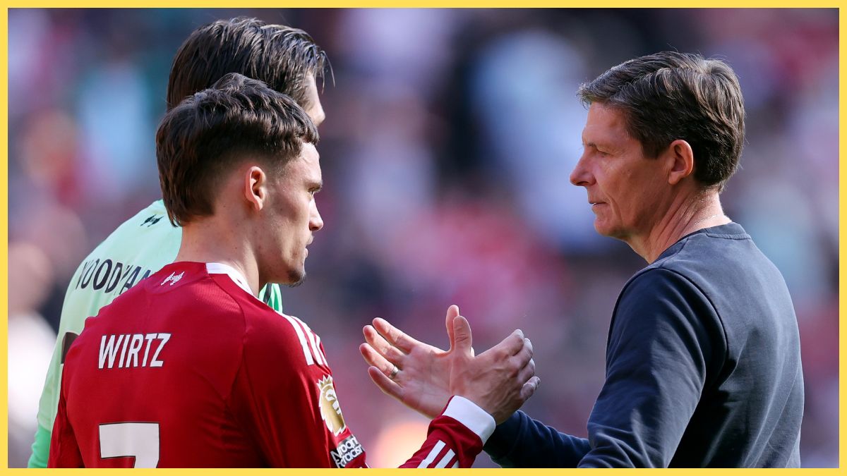Florian Wirtz of Liverpool shakes hands with Oliver Glasner, Manager of Crystal Palace, following the Premier League match between Liverpool and Crystal Palace at Anfield