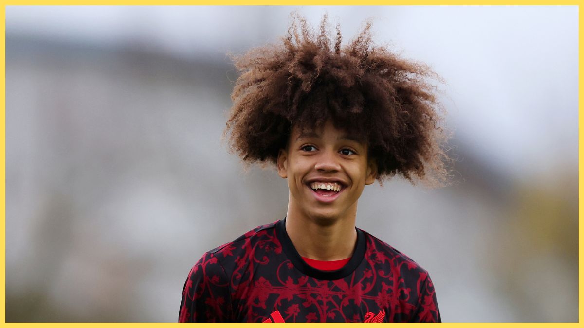 Aiden Jozef Bediako Yeguo of Liverpool reacts as he warms up prior to the UEFA Youth League 2025/26 match between Liverpool FC and Real Madrid C.F. at Liverpool FC Academy