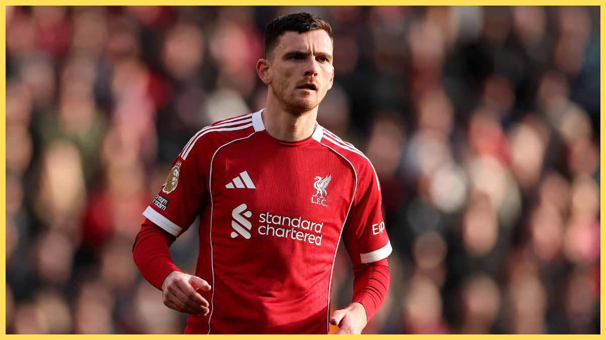 Andrew Robertson of Liverpool looks on during the Premier League match between Liverpool and Tottenham Hotspur at Anfield