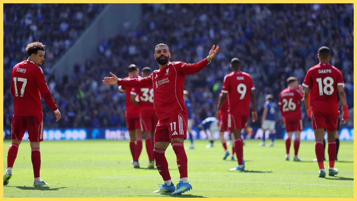 Mohamed Salah of Liverpool celebrates scoring his team's first goal during the Premier League match between Everton and Liverpool at Hill Dickinson Stadium