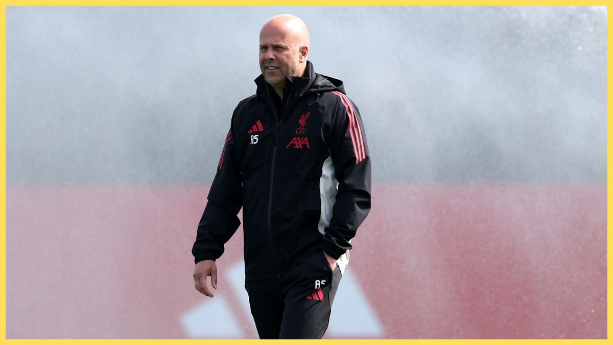 Arne Slot, Manager of Liverpool, looks on during the Liverpool FC Training Session ahead of their UEFA Champions League 2024/25 Quarter-Finals First Leg match against Paris Saint-Germain at AXA Training Centre