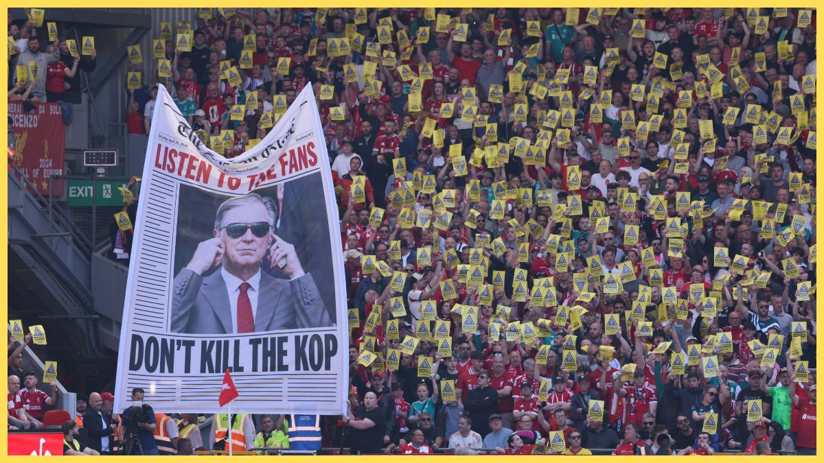 Fans of Liverpool protest rising ticket prices with posters that read 'Caution, Anfield's soul at risk' during the Premier League match between Liverpool and Crystal Palace at Anfield