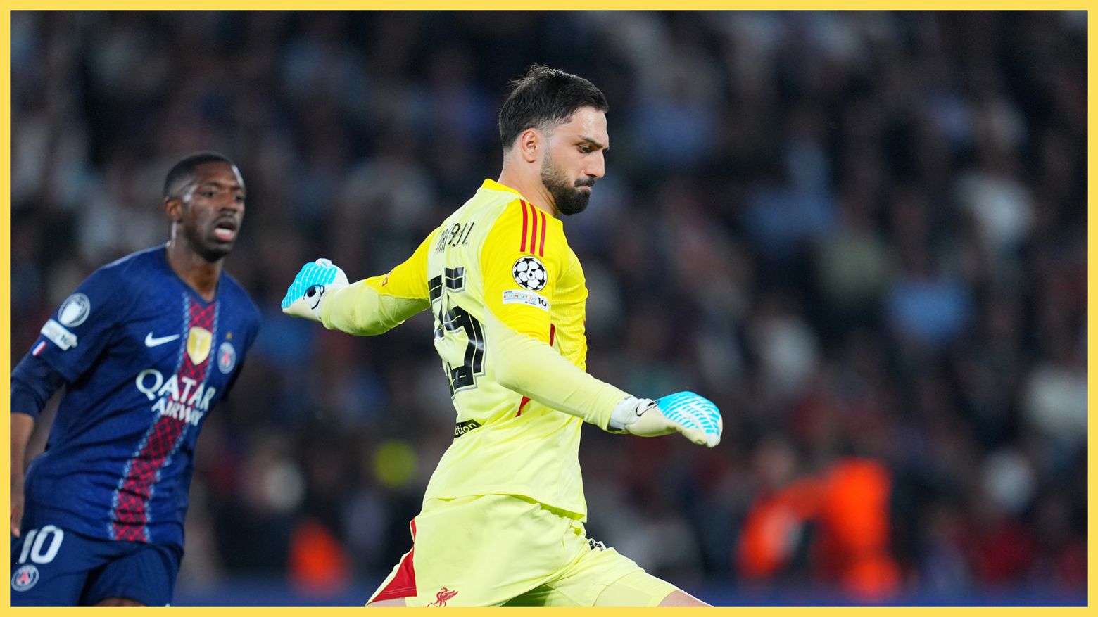 Giorgi Mamardashvili kicks a football during Liverpool game.