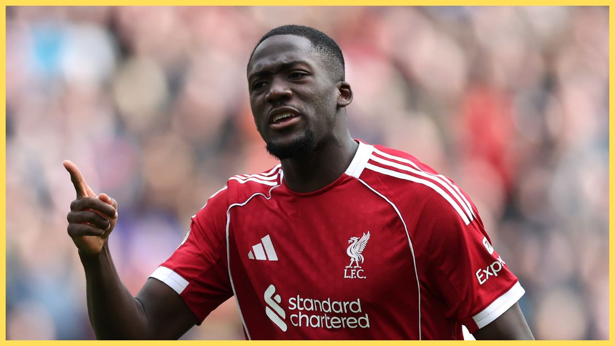 Ibrahima Konate raises his finger during Liverpool game.