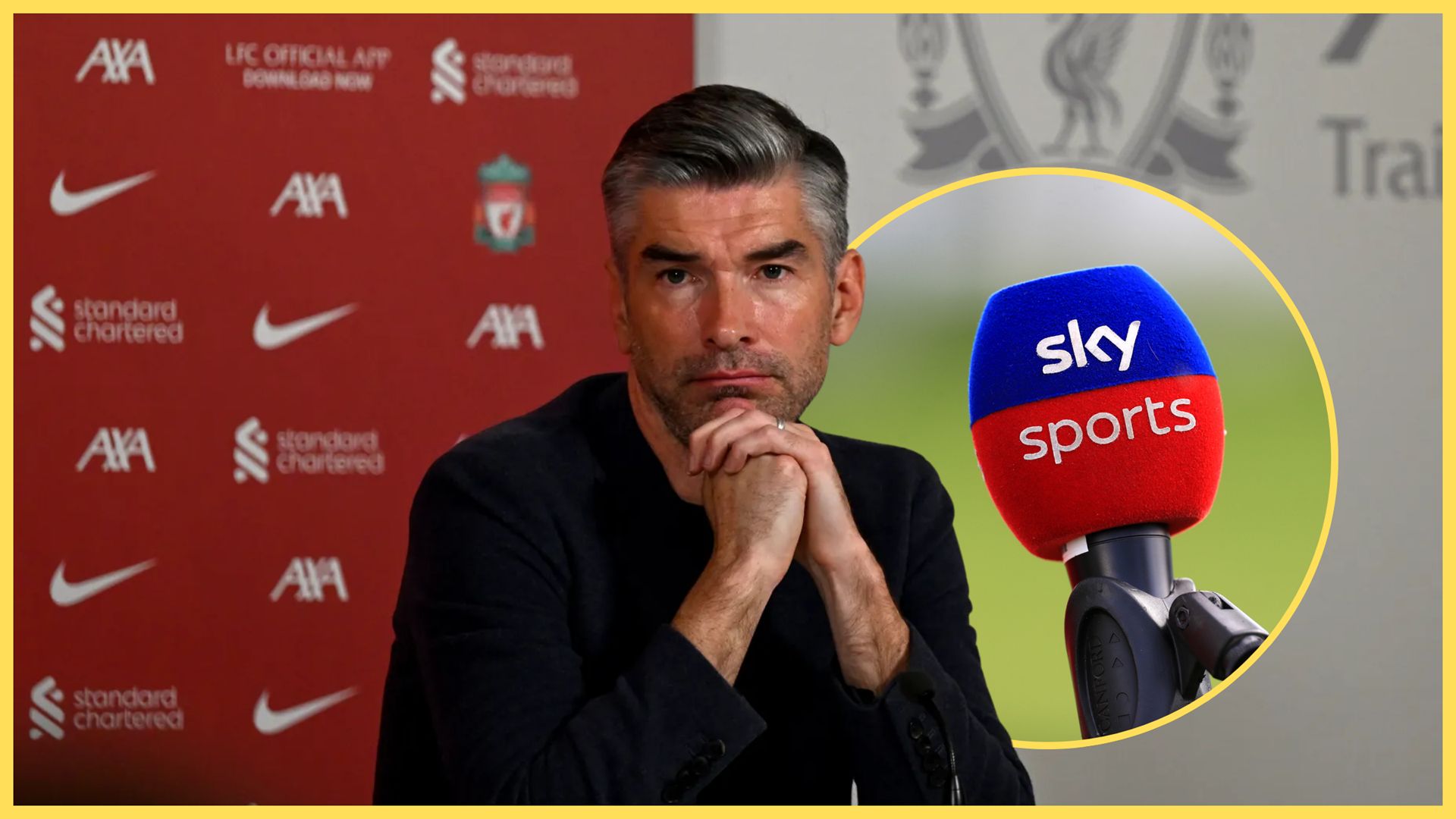 Richard Hughes folds his hands next to Sky Sports microphone.