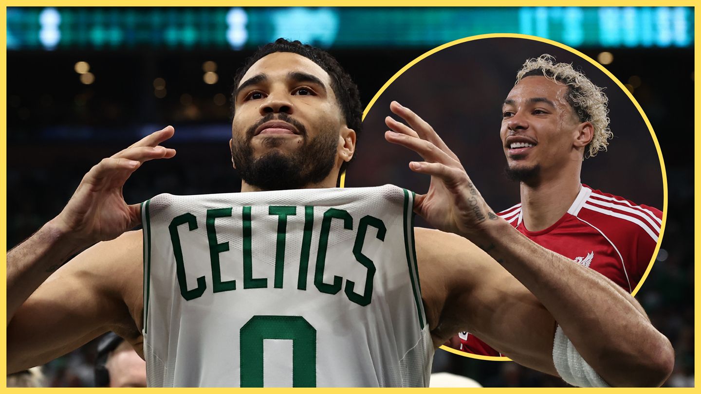 Jayson Tatum holds up his shirt as Hugo Ekitike smiles.