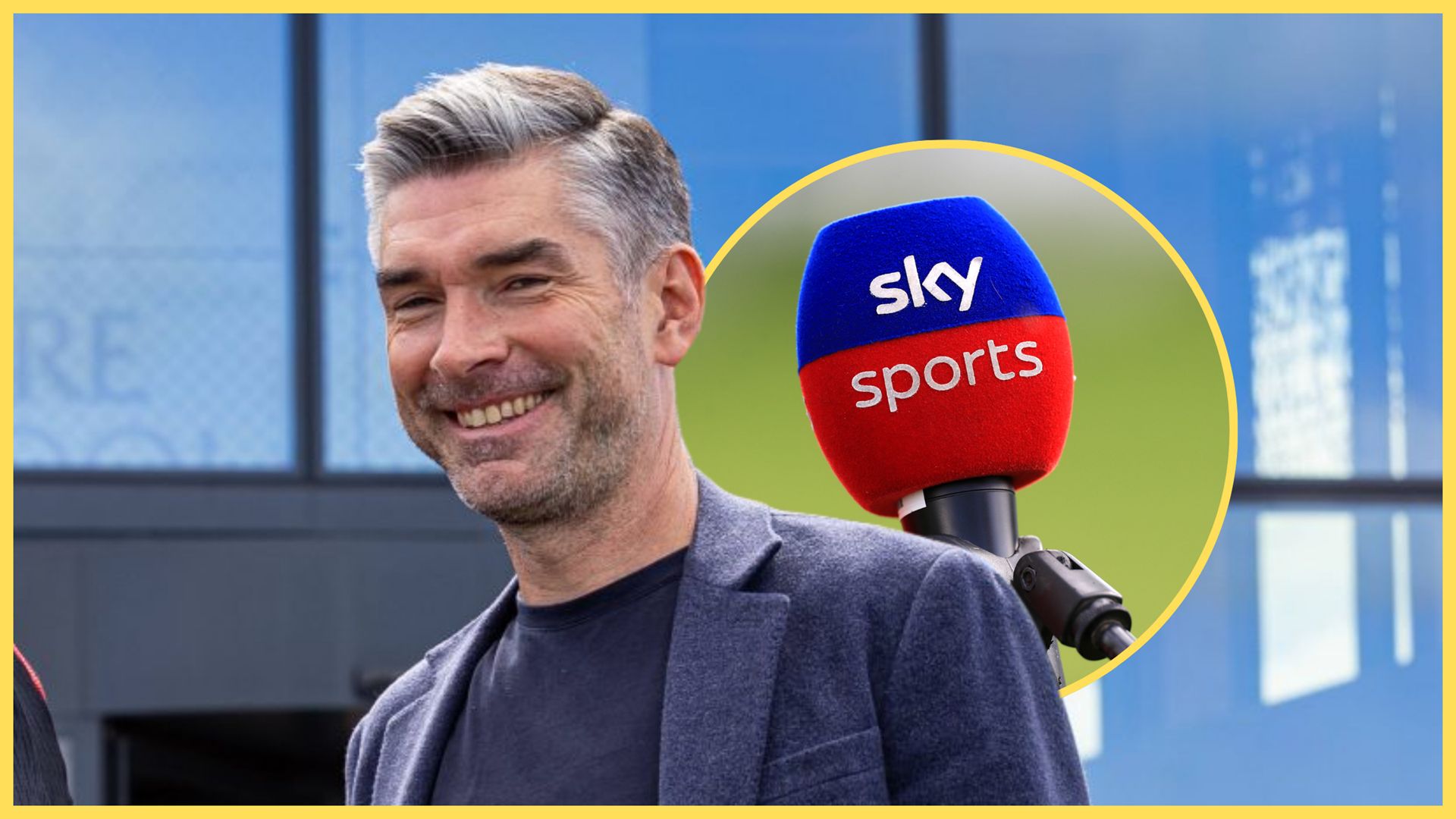 Richard Hughes smiles next to Sky Sports microphone.