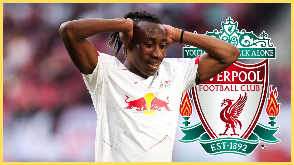 Yan Diomande puts his hands on his head next to Liverpool club crest.