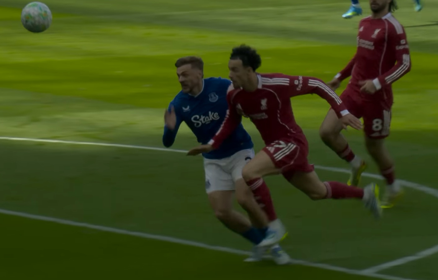Kiernan Dewsbury-Hall goes down in the penalty area after a shoulder challenge from Liverpool midfielder Curtis Jones