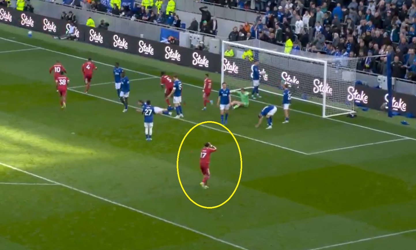 Curtis Jones looked stunned as Virgil van Dijk scored Liverpool's winner deep into added time against Everton