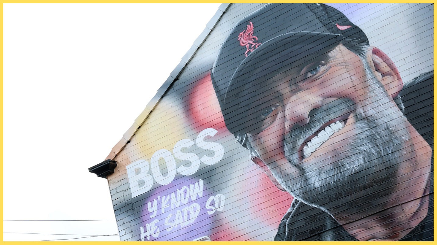 A mural of Jurgen Klopp near Anfield