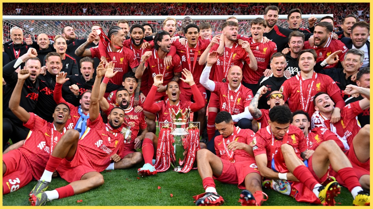Liverpool players celebrate with the Premier League trophy