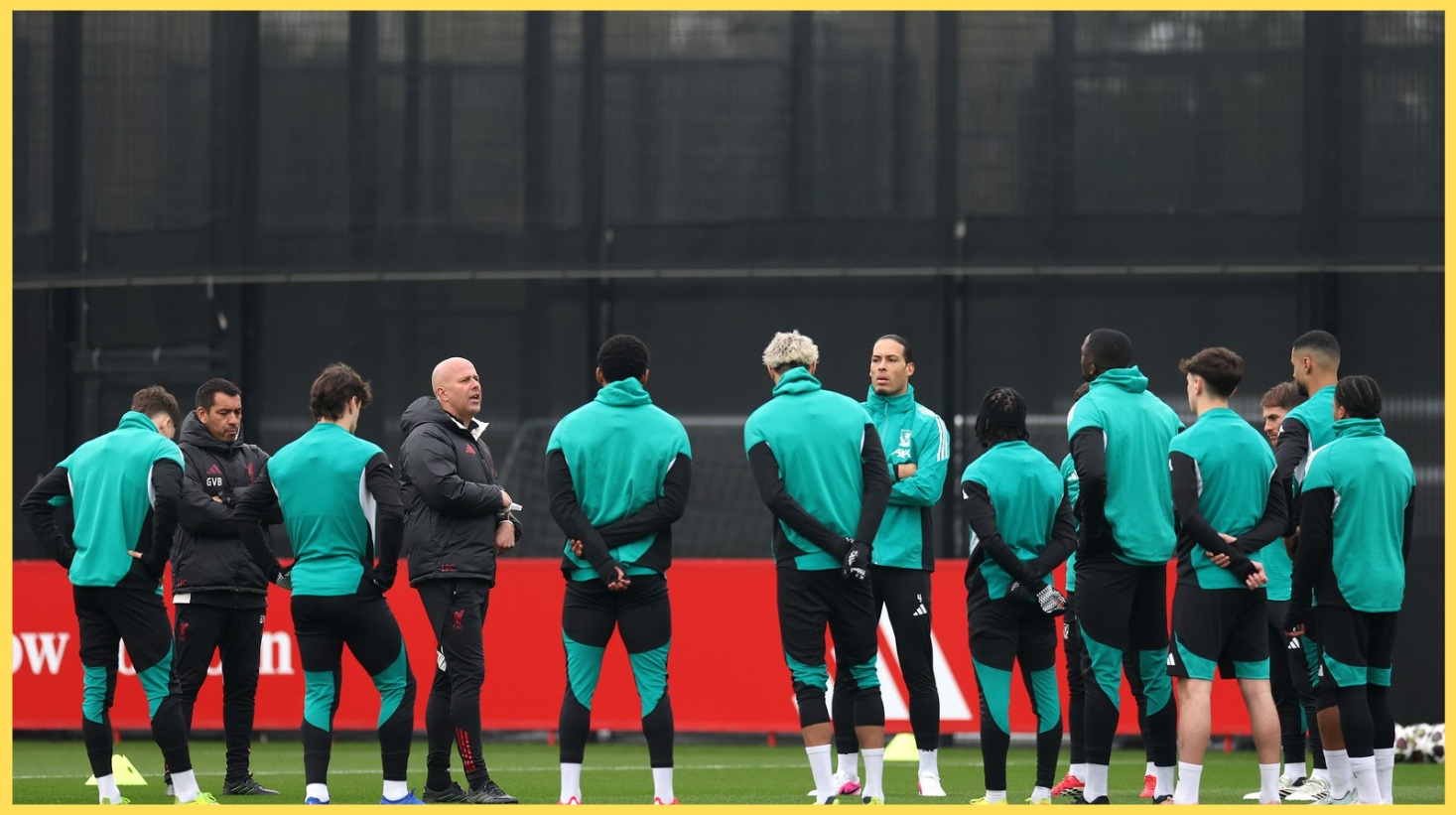Arne Slot addresses his Liverpool squad during a training session