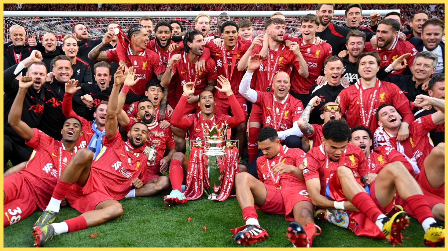 Liverpool players and staff celebrate winning the Premier League in 2025