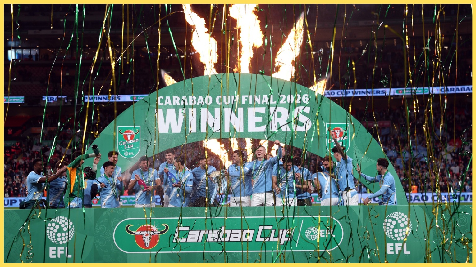 Manchester City players celebrate their Carabao Cup triumph
