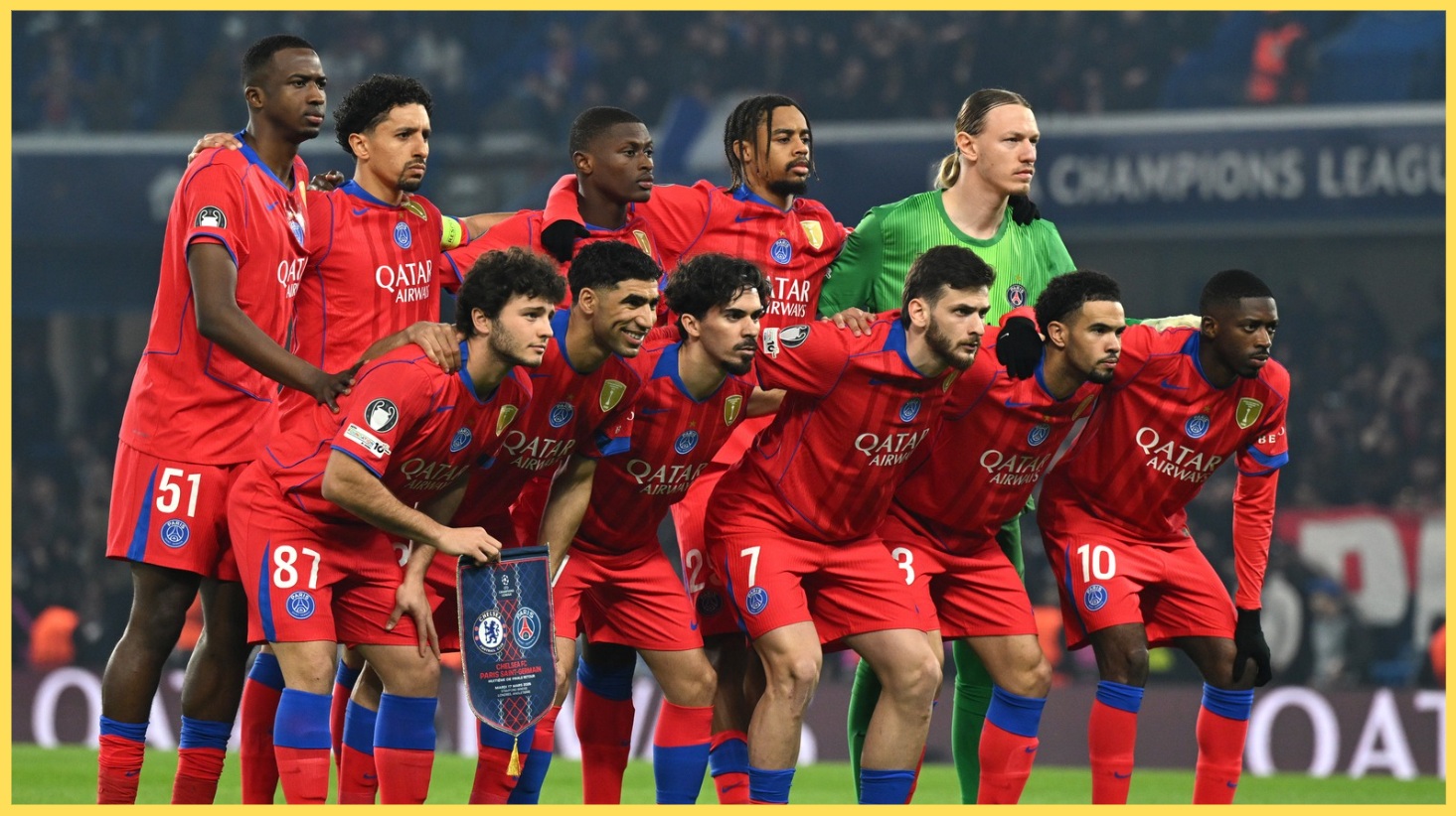 PSG players pose for a team photo before their game against Chelsea