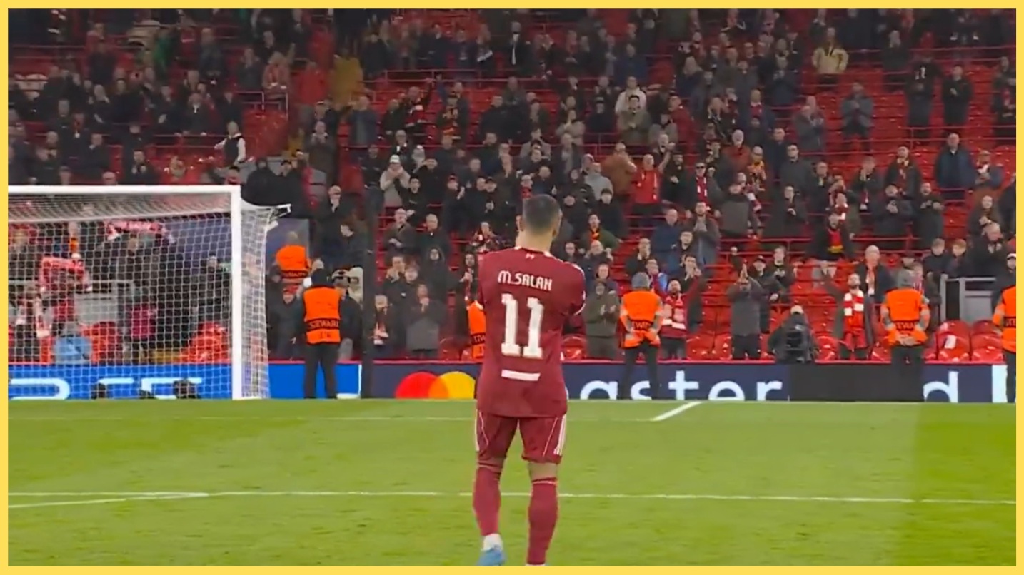 Mo Salah applauds the Kop as he leaves the pitch after Liverpool's defeat to PSG