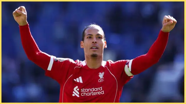Virgil van Dijk celebrates after Liverpool's win in the Merseyside derby