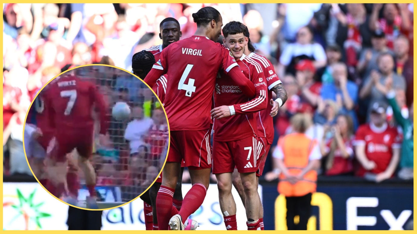 Virgil van Dijk celebrates with Florian Wirtz after the German's goal against Crystal Palace