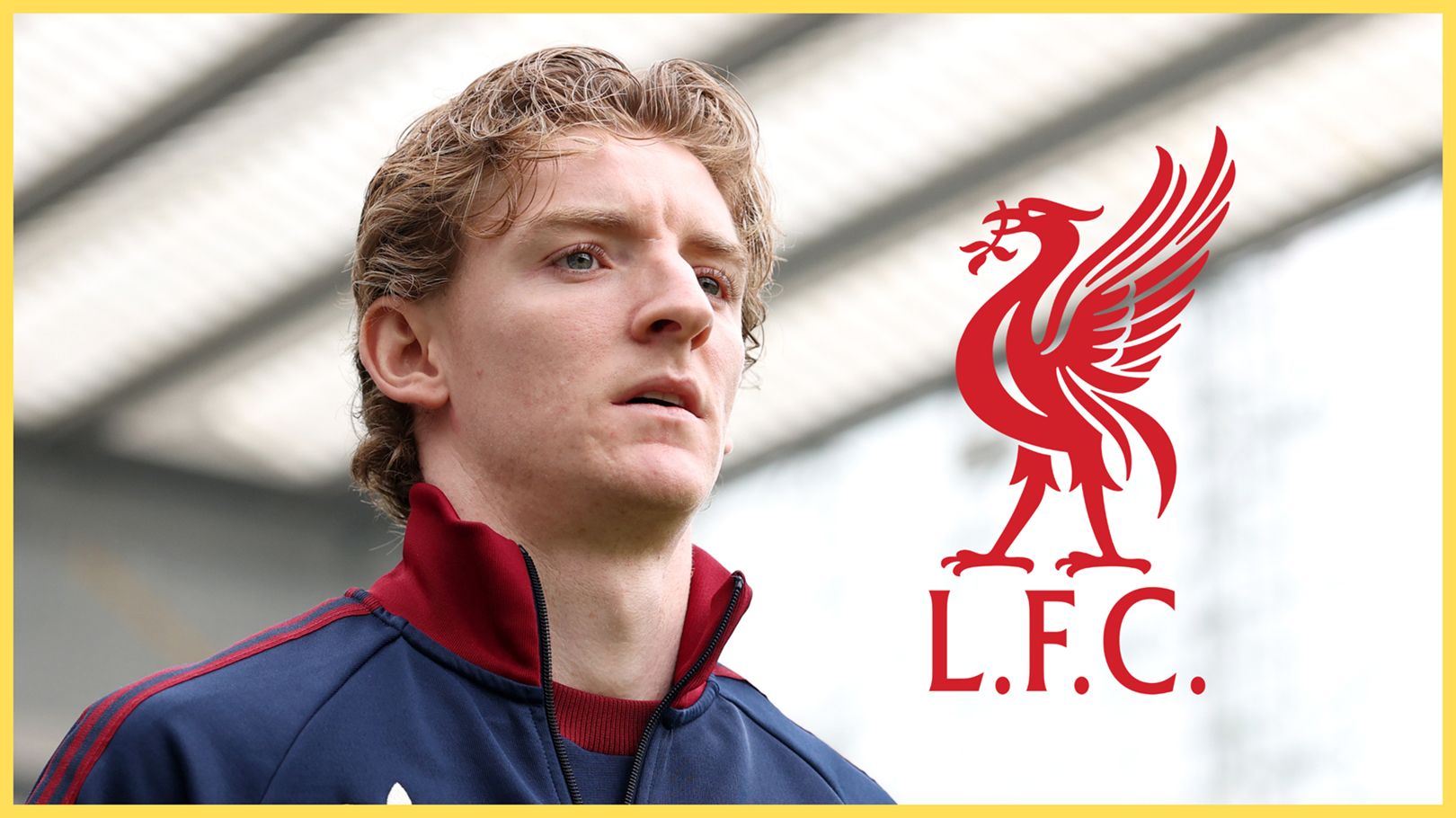 Anthony Gordon looks on next to Liverpool club crest.
