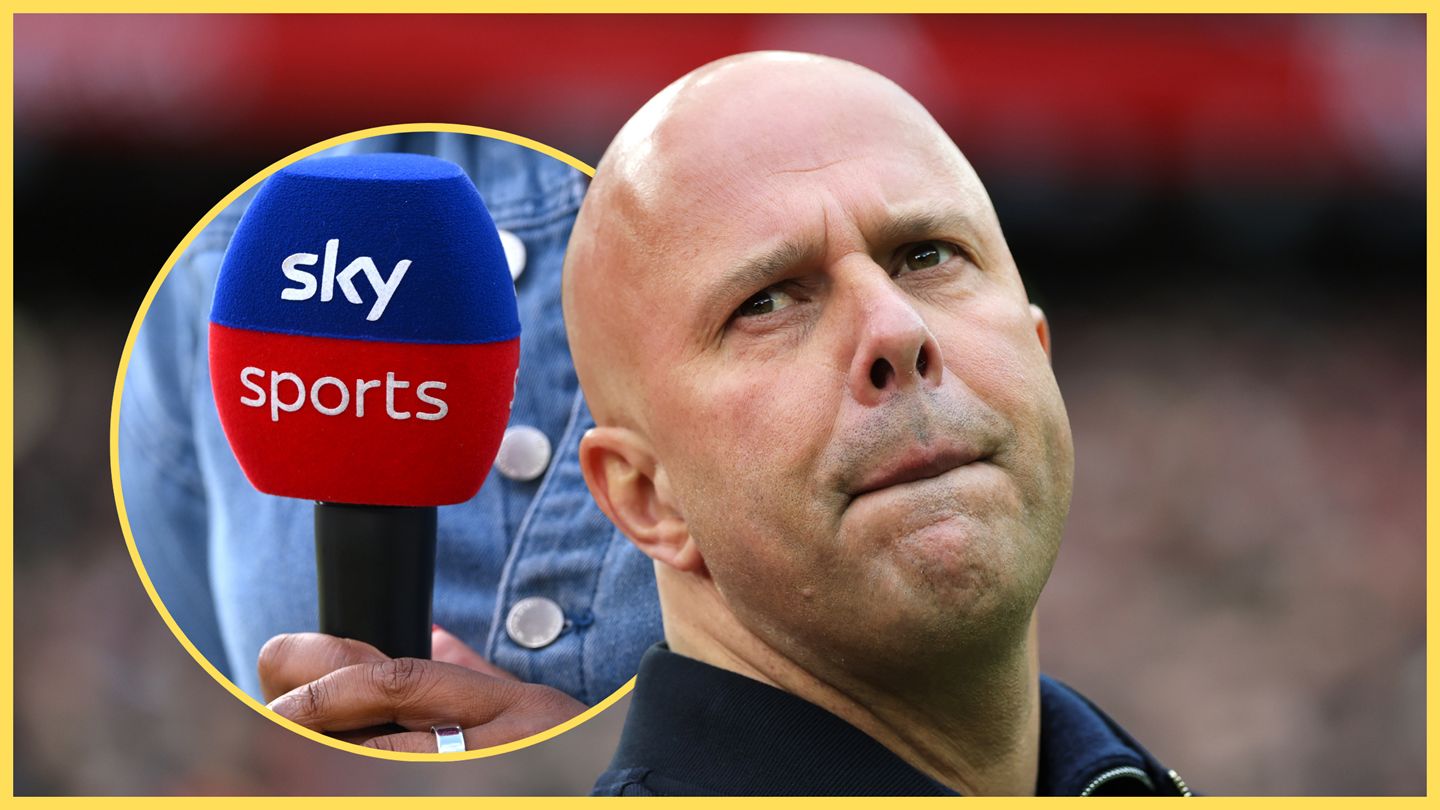 Liverpool head coach Arne Slot purses his lips next to Sky Sports microphone.