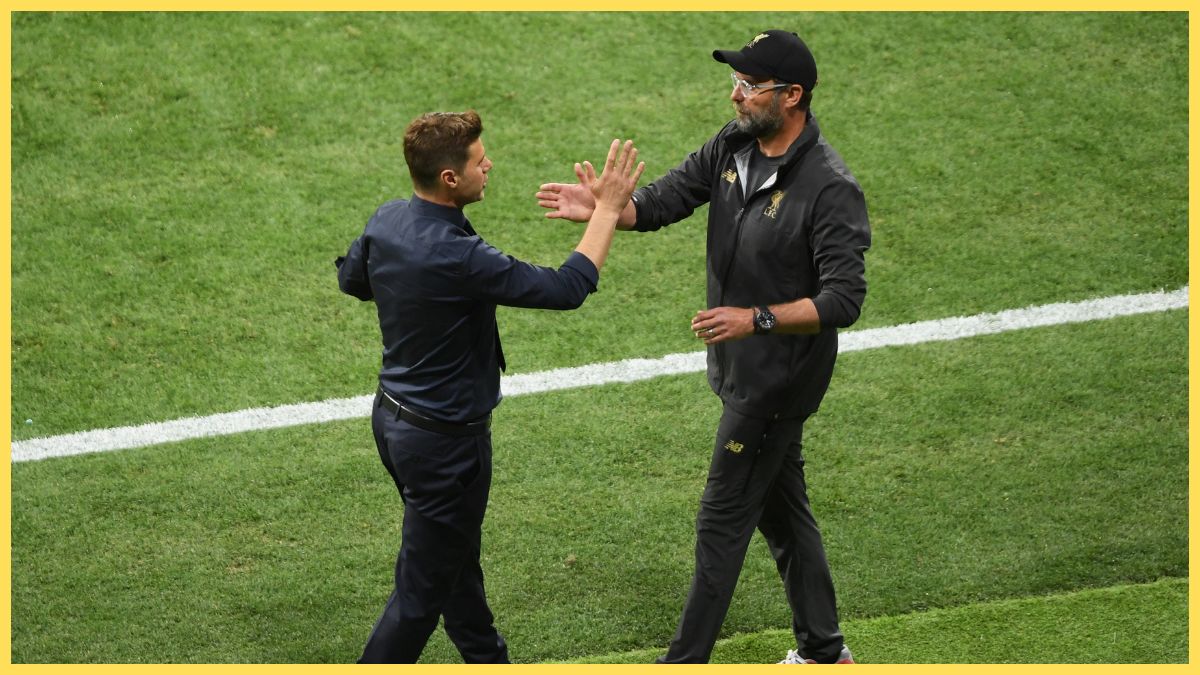 Mauricio Pochettino, Manager of Tottenham Hotspur congratulates Jurgen Klopp, Manager of Liverpool following the UEFA Champions League Final between Tottenham Hotspur and Liverpool at Estadio Wanda Metropolitano