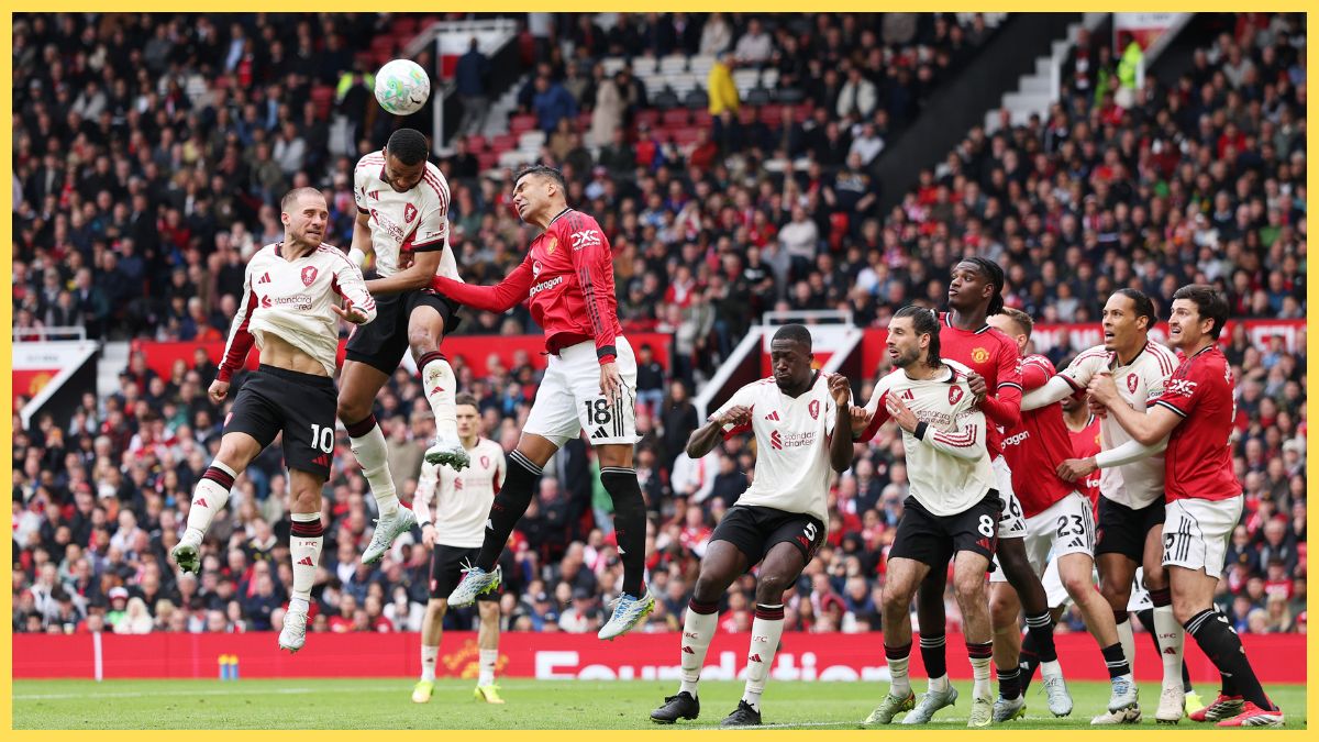 Cody Gakpo of Liverpool is challenged by Casemiro of Manchester United during the Premier League match between Manchester United and Liverpool at Old Trafford