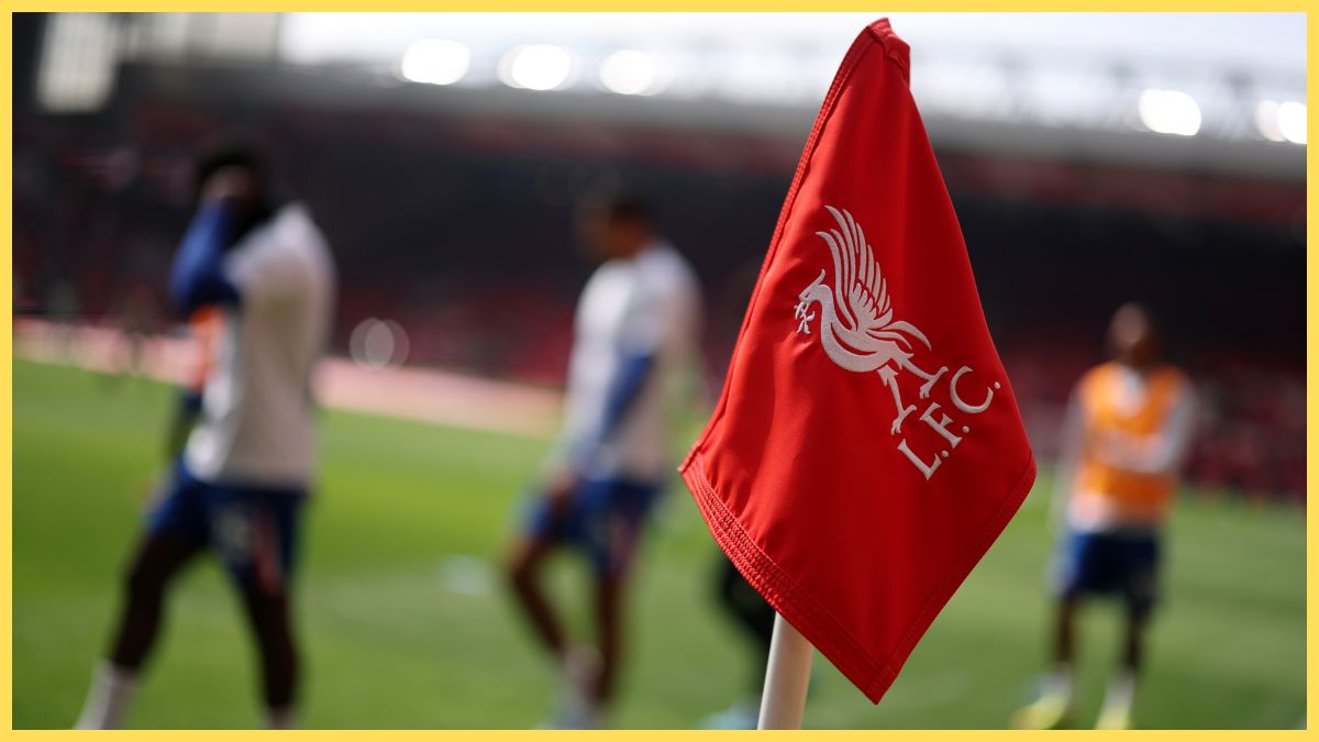 A detailed view of a Liverpool branded corner flag inside the stadium during the warm up prior to the Premier League match between Liverpool and Chelsea at Anfield