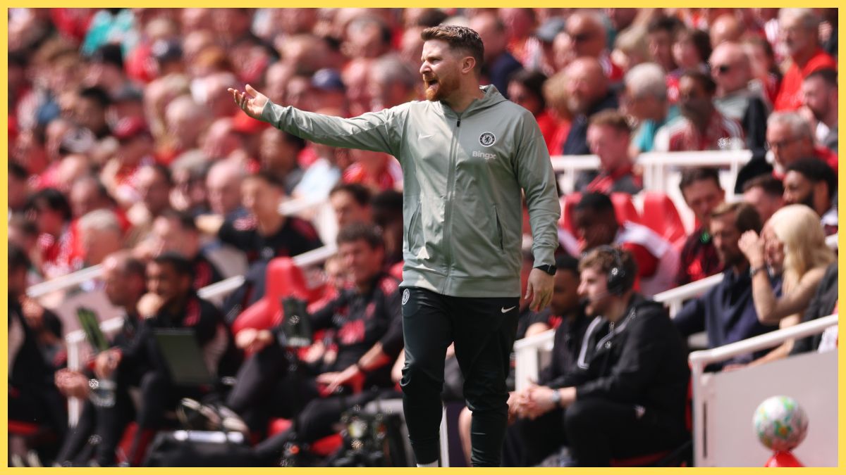 Calum McFarlane, Interim Manager of Chelsea, gestures during the Premier League match between Liverpool and Chelsea at Anfield