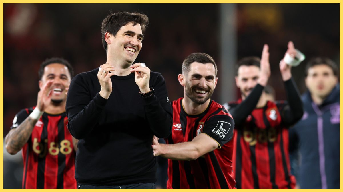 Andoni Iraola, Manager of AFC Bournemouth, is pushed towards the fans in celebration by Lewis Cook of AFC Bournemouth during the Premier League match between Bournemouth and Manchester City at Vitality Stadium