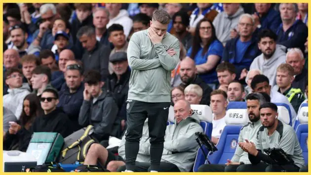 Calum McFarlane, Interim Manager of Chelsea, is dejected during the Premier League match between Chelsea and Nottingham Forest at Stamford Bridge