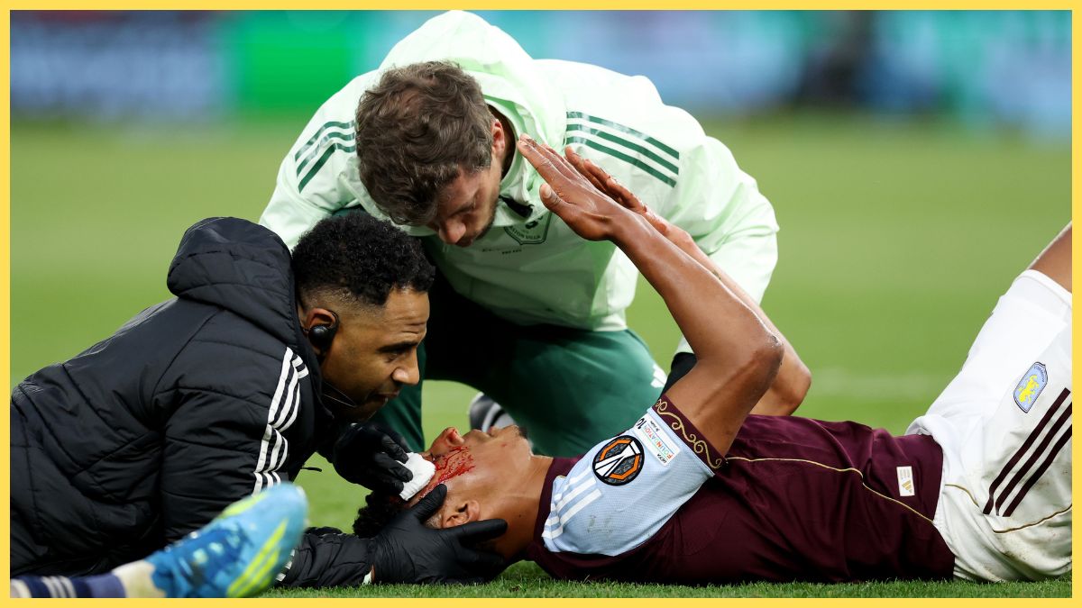 Ollie Watkins of Aston Villa receives medical attention for a head injury during the UEFA Europa League 2025/26 Semi-Final Second Leg match between Aston Villa FC and Nottingham Forest FC at Villa Park