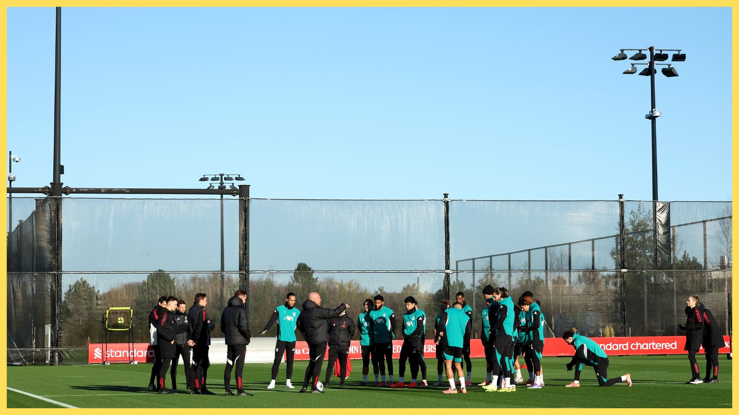 general view as Arne Slot, Manager of Liverpool, speaks to his players during a Liverpool training session ahead of the UEFA Champions League 2025/26 League Phase MD5 match against PSV Eindhoven at AXA Melwood Training Centre