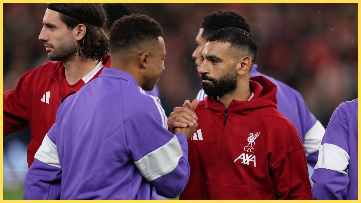 Mohamed Salah of Liverpool shakes hands with Kylian Mbappe of Real Madrid prior to the UEFA Champions League 2025/26 League Phase MD4 match between Liverpool FC and Real Madrid C.F. at Anfield