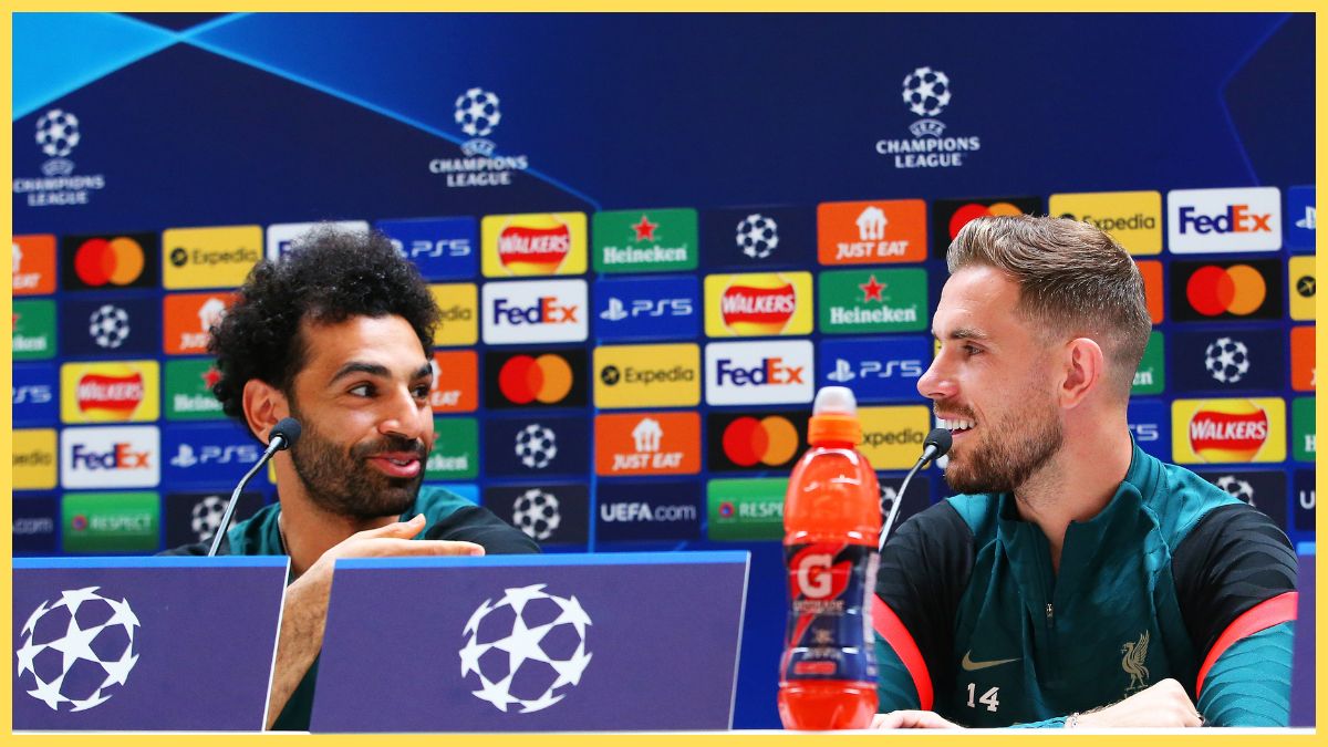 Mohamed Salah and Jordan Henderson of Liverpool speaksin a press conference at AXA Training Centre on May 25, 2022 in Kirkby