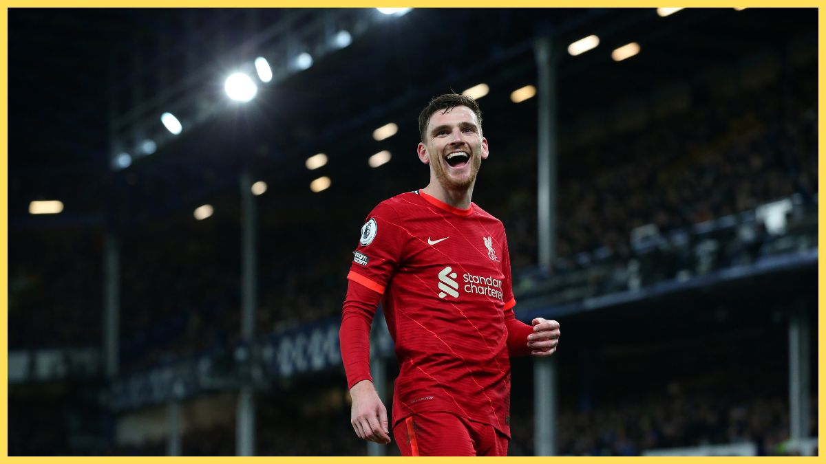 Andrew Robertson of Liverpool reacts during the Premier League match between Everton and Liverpool at Goodison Park