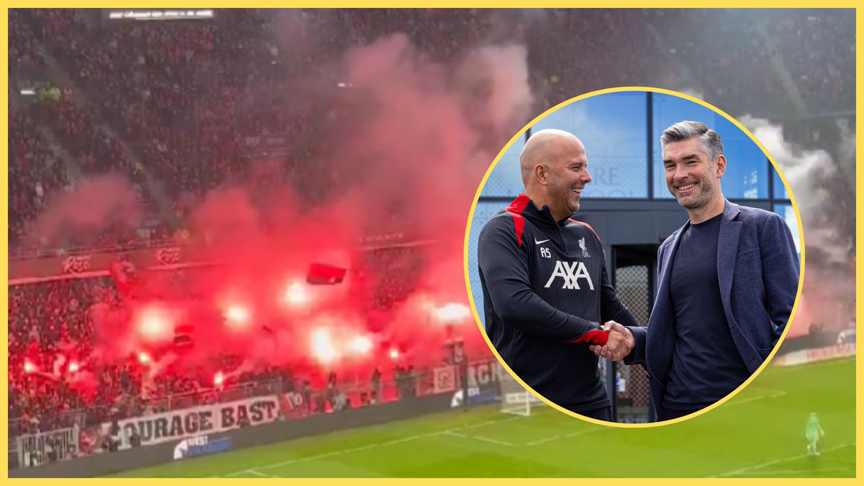 Arne Slot and Richard Hughes shake hands in front of fans lighting flares.