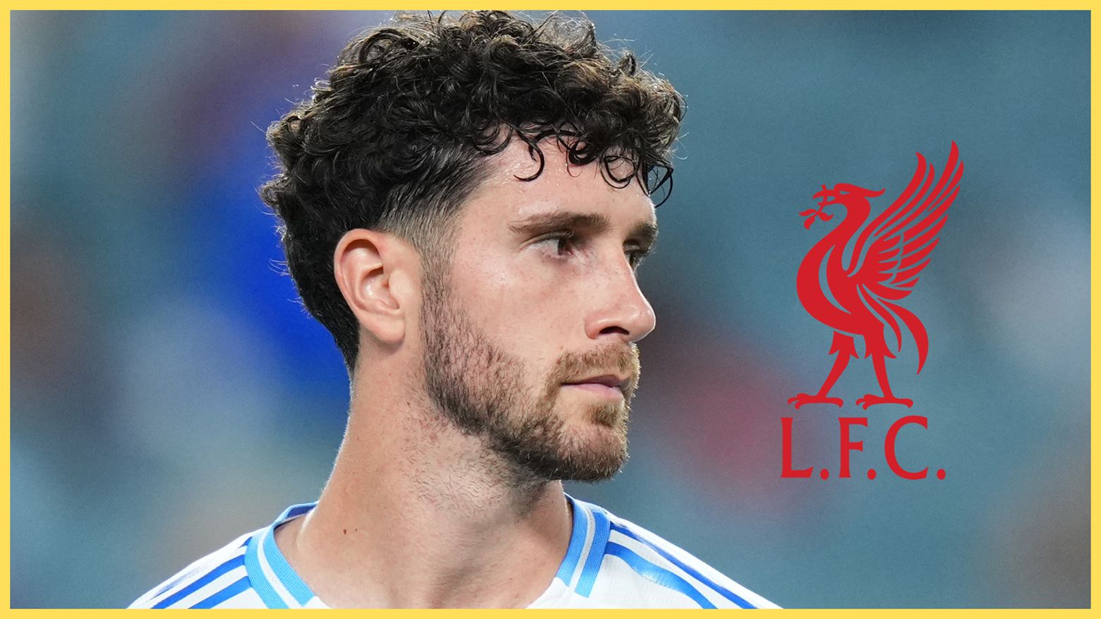 Bournemouth defender Marcos Senesi looks at Liverpool logo.