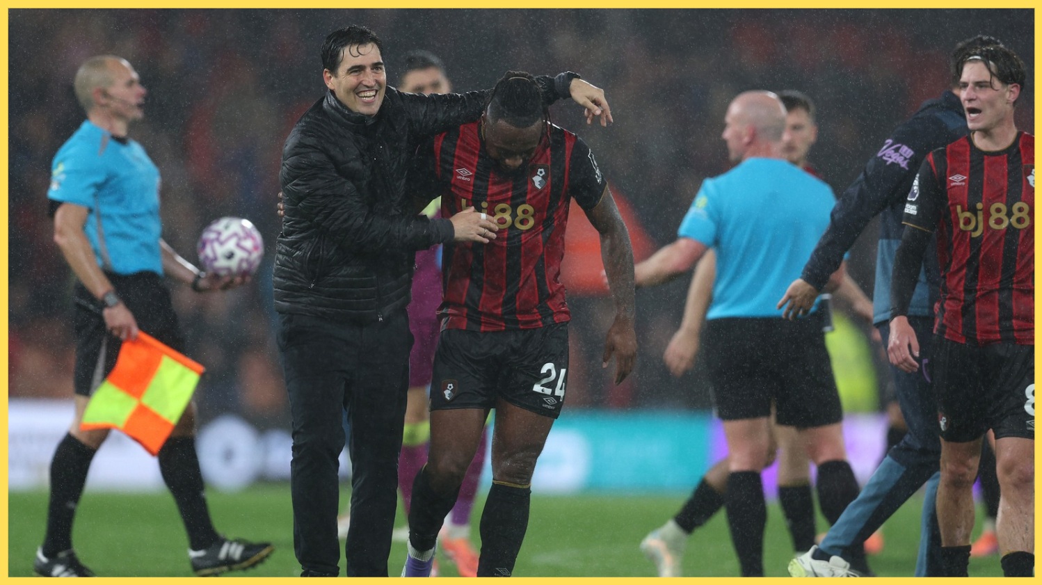 Andoni Iraola and Antoine Semenyo revel in a victory for Bournemouth last year