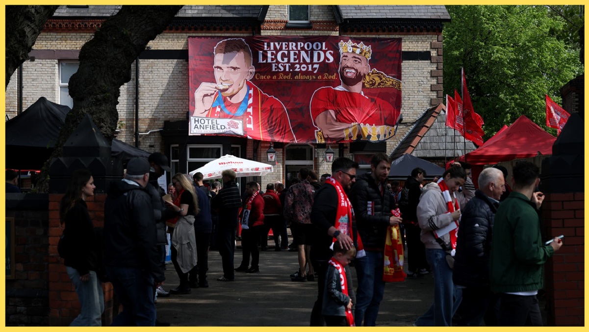 A banner near Anfield shows appreciation for Andy Robertson and Mo Salah