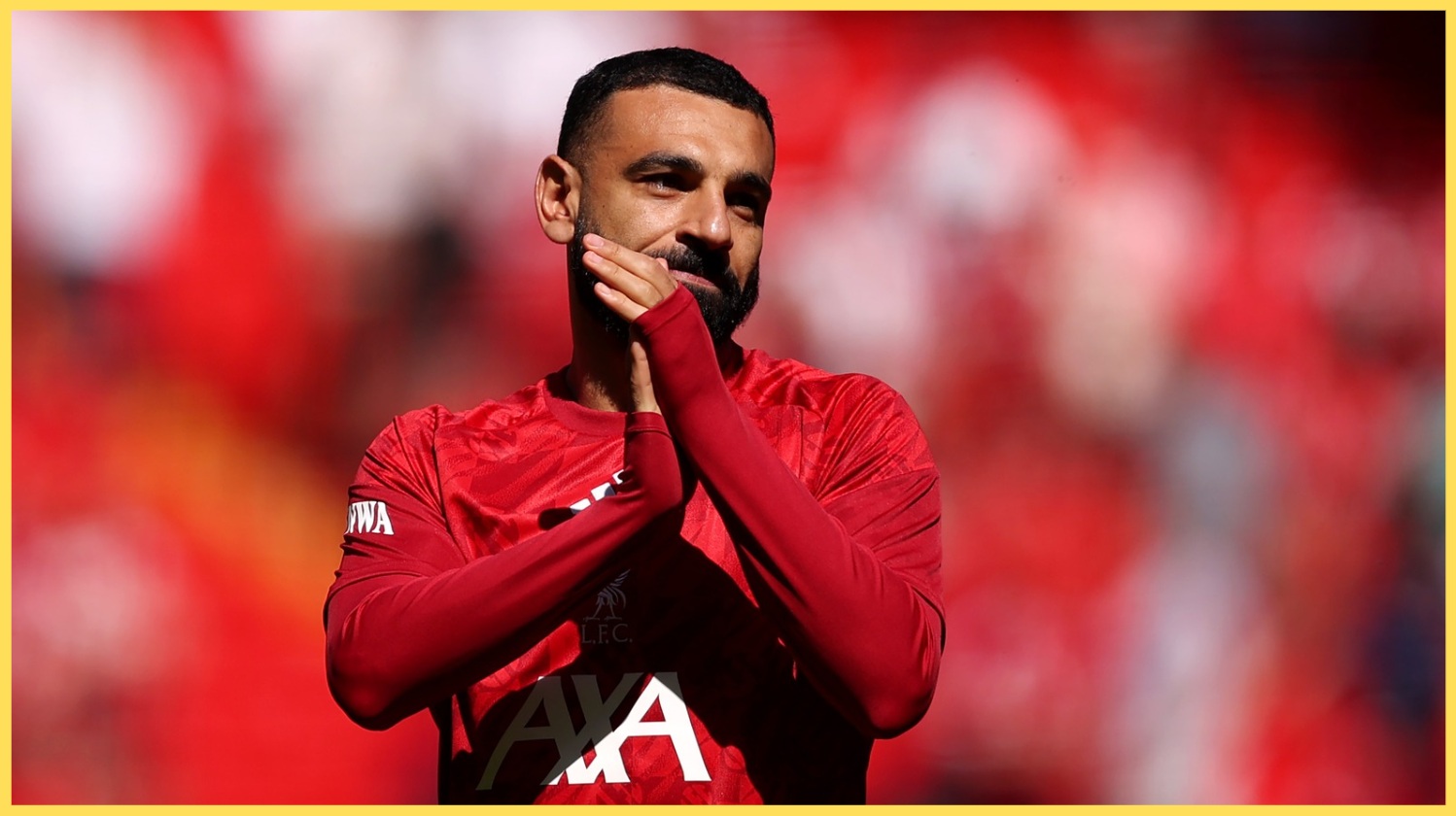Mo Salah applauds the Liverpool fans prior to his final appearance for the club