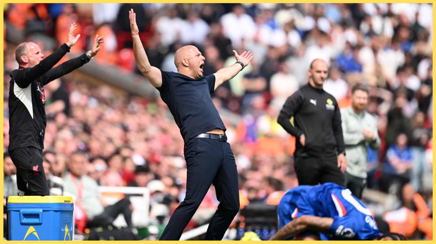 Arne Slot disputes a decision by the referee
